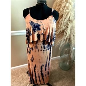 G Faith Boutique Tie Dye Blue Pink Spaghetti Strap Maxi Dress Size S